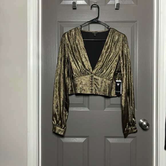 GUESS Shimmery Golden Bronzed Cropped Blouse Long Sleeves L New - Picture 8 of 9